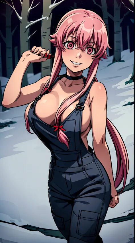 anime_still, masterpiece, best quality, 1girl, Gasai Yuno, long hair, pink hair, low twintails, smile, naked, red eyes, (large breasts:1.5),1girl, black choker, dark grey, (overalls:1.25), leather gloves, black boots, ((nigth:1.5)), (chasing you through th...