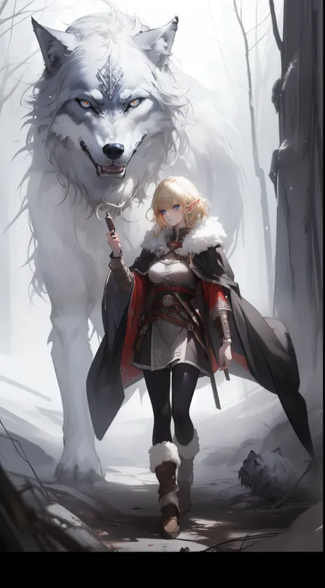 ((masterpiece, best quality)), (fractal art:1.3), viking elf girl, fantasy, Standing with ancient wolf, concept yoji shinkawa, concept art, painting, frank frazetta, BREAK, (elf:1.2), 1girl, solo, (Blonde Hair:1.15), Blunt bangs, (hair between eye), Blue E...