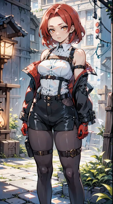 1girl, young woman, solo, short hair, Small  hair, (forehead:1.2), yellow eyes, (scarlet red hair), Athletic, muscular, medium breasts, (cropped jacket, black jacket), white shirt, collared shirt, (chest harness, shoulder strap:1.15), black leather shorts,...