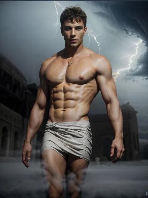 ((masterpiece)),((best quality)),8k, high detailed, ultra-detailed, Stylish Pose, real skin texture, dark cinematic lighting, 24 year-old Italian male model, (handsome italian:1.8), cute looking, divine look, powerful light blue eyes, Zeus god, god of thun...