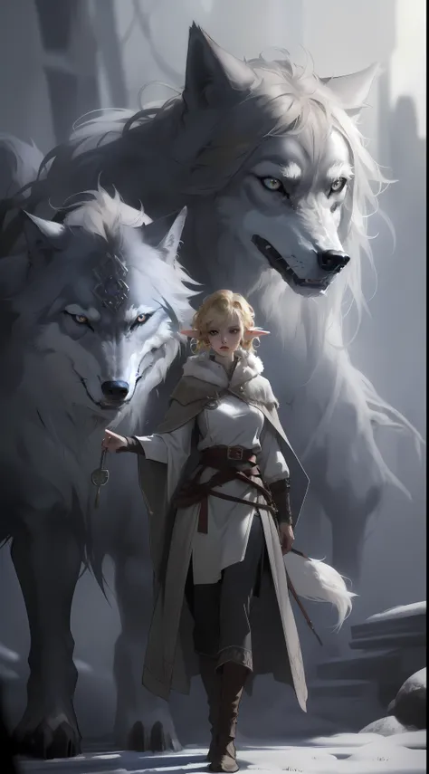 ((masterpiece, best quality)), (fractal art:1.3), viking elf girl, fantasy, Standing with ancient wolf, concept yoji shinkawa, concept art, painting, frank frazetta, BREAK, (elf:1.2), 1girl, solo, (Blonde Hair:1.15), Blunt bangs, (hair between eye), Blue E...
