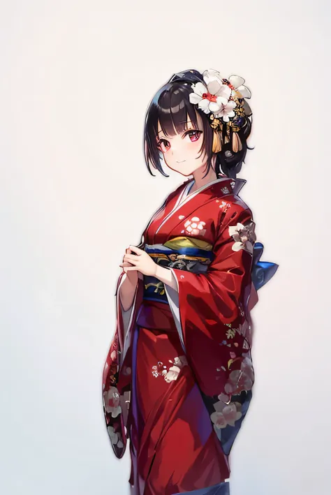 top-quality、high-quality illustrations、1 japan girl、red kimono、a dark-haired、pattsun bangs、super cute、white background、the upper...