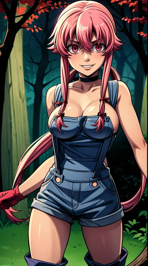 anime_still, masterpiece, best quality, 1girl, Gasai Yuno, long hair, pink hair, low twintails, smile, naked, red eyes, (large breasts:1.5),1girl, black choker, dark grey, (overalls:1.25), leather gloves, black boots, ((nigth:1.5)), (chasing you through th...