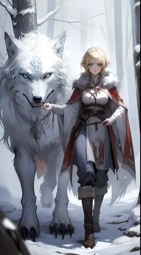 ((masterpiece, best quality)), (fractal art:1.3), viking elf girl, fantasy, standing with ancient wolf, concept yoji shinkawa, c...