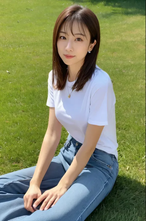 (High reality photograph, high resolusion, detailed face, detailed eyes), Japanese lady, 40 years old, various face expression, solo:1, skinny figure, medium breasts, emphasizing very thin waist, various hair style, T-Shirt, tight skirt, sitting on the gra...