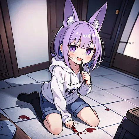 ((Masterpiece)), (High Definition:1.3), (Professional Photography:1.2), 8K, from above, wide shot, Realistic, Textured skin, cinematic lighting,（messy medium bob), (purple color hair), (put on Black rabbit ears), Pretty oversized pink hoodie, bloody, Tatte...