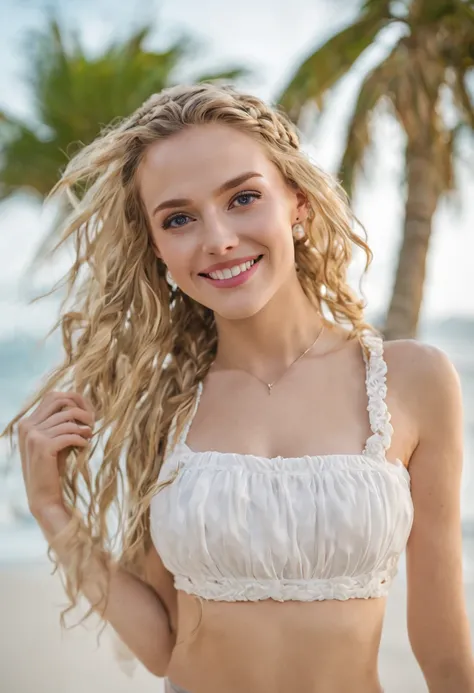 masterpiece, best quality, gorgeous pale american cute girl, smiling, (crop top), blond hair loose braided hair, short polca skirt, lean against a palm, ocean, perfectly symmetrical face, detailed skin, elegant, alluring, attractive, amazing photograph, ma...