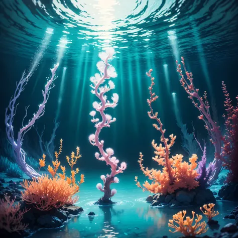 Bioluminescence, underwater, vibrant colors, luminescent creatures, glowing plants, deep-sea creatures, shimmering light, enchanting glow, phosphorescent, magical ambiance, dark abyss, ethereal surrealism, underwater ecosystem, bioluminescent plankton, glo...