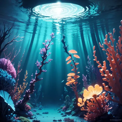 Bioluminescence, underwater, vibrant colors, luminescent creatures, glowing plants, deep-sea creatures, shimmering light, enchanting glow, phosphorescent, magical ambiance, dark abyss, ethereal surrealism, underwater ecosystem, bioluminescent plankton, glo...