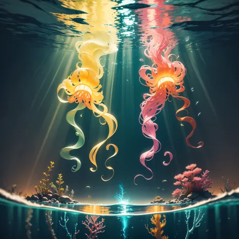 Bioluminescence, underwater, vibrant colors, luminescent creatures, glowing plants, deep-sea creatures, shimmering light, enchanting glow, phosphorescent, magical ambiance, dark abyss, ethereal surrealism, underwater ecosystem, bioluminescent plankton, glo...