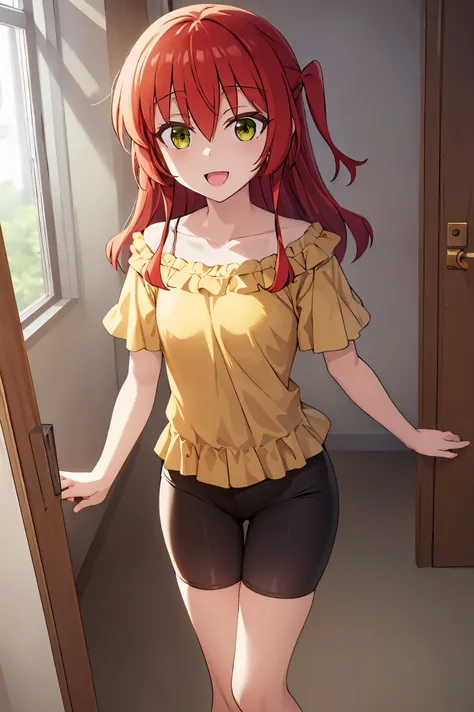 Room, 1 girl, best quality, ultra high res, long hair, red hair, green eyes, looking at viewers, small breast, standing, pov, slim body, loli body, small body, smile, open mouth, yellow shirt, collarbone, short sleeves, bike shorts,