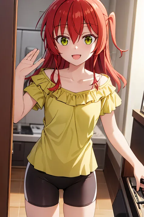Room, 1 girl, best quality, ultra high res, long hair, red hair, green eyes, looking at viewers, small breast, standing, pov, slim body, loli body, small body, smile, open mouth, yellow shirt, collarbone, short sleeves, bike shorts,