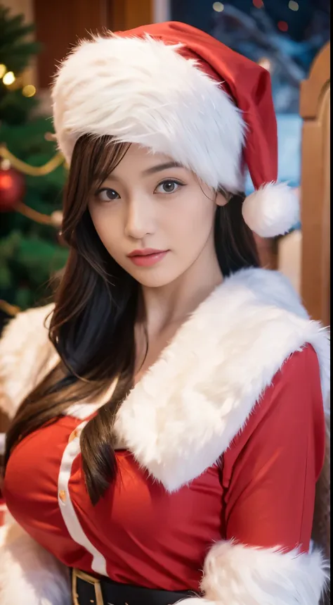 beautfull japanease woman，(red santa claus costume：1.5)，(christmas tree)，(christmas atmosphere)，black hair, surrealism, f/1.2, 3...