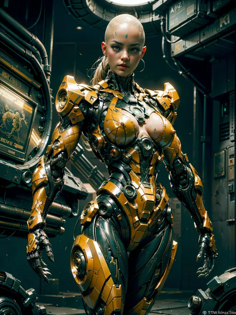 Cinematic, hyper-detailed, and insanely detailed, this artwork captures the essence of a bald hairless muscular female android girl. Beautiful color grading, enhancing the overall cinematic feel. Unreal Engine brings her anatomic cybernetic muscle suit to ...