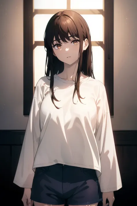 ((((Obra maestra, La mejor calidad, ultrahigh resolution)))), 1girl, standing, (baggy white t-shirt, loose fitting blue shorts), long back hair, long dark black hair, pale skin, ((shining brown eyes)), ((ultra detailed eyes:1, beautiful and detailed face, ...