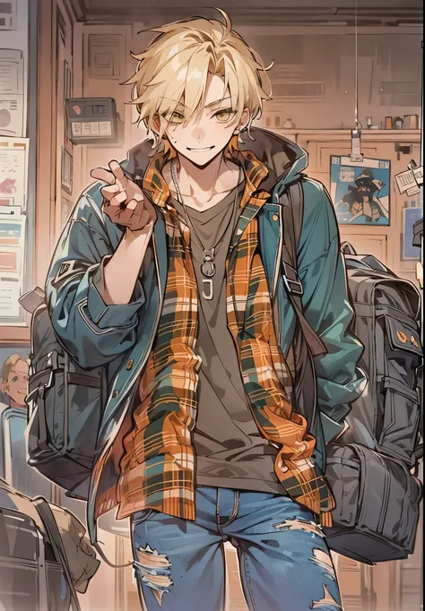 1male, Teen, Blonde hair, amber eyes, smirk, backpack, handsign, flannel shirt, ripped jeans, earring, school background