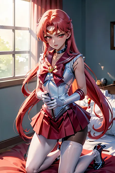 masutepiece, Best Quality, 1girl in, (ingridms),Red color hair, (red eyes:1.2),((Sailor Senshi))、((a miniskirt))、((embarassed expression))、((Bedroom))、((Kneeling))、((pantyhose))、((Long))、((White Long Gloves))、((Holding a skirt))、((pumps))、((blow job))