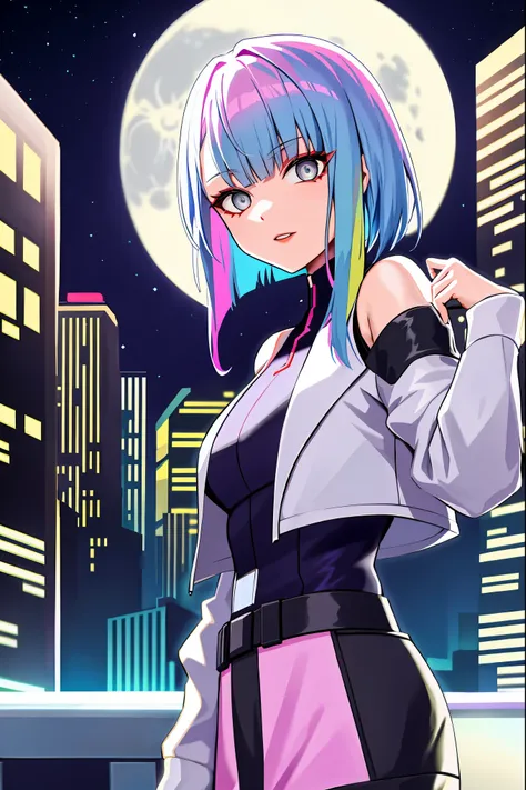 lucy (cyberpunk), 1girl, arm up, bangs, blue hair, colored tips, full moon, grey eyes, jacket, long sleeves, looking at viewer, medium hair, moon, multicolored hair, parted bangs, parted lips, pink hair, portrait, red eyeliner, red lips, solo, white jacket...