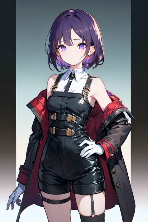 1girl, young woman, solo, purple hair, short hair, long side bangs, big hair, (forehead), purple eyes, medium breasts, neutral, (overcoat, black coat, open coat:1.2), white shirt, collared shirt, (chest harness, shoulder strap:1.15), black shorts, garter b...