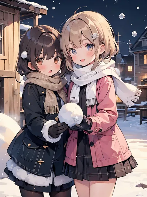 (Top Quality, 4K, High Resolution, Masterpiece), ((Perfect Anatomy)), ((Perfect Anatomy)), Two Cute Girls, Chibi, (Light Brown Hair, Long Hair, Brown Eyes), (( 👄)), smile, BREAK, cute winter clothes, scarf 🧣, gloves 🧤, BREAK, ((two girls having a snowball ...