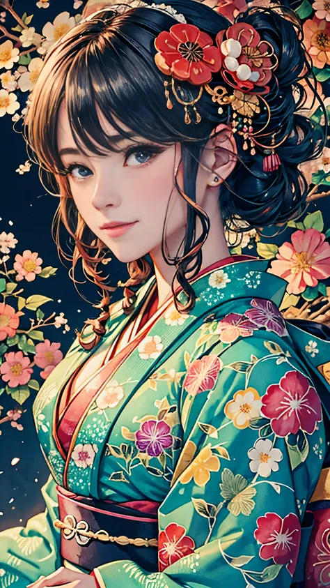 8k, top-quality, hight resolution, bishoujo 1 25 years old,  flower steamed buns,a slight smil, (traditional japanese kimono:1.3...