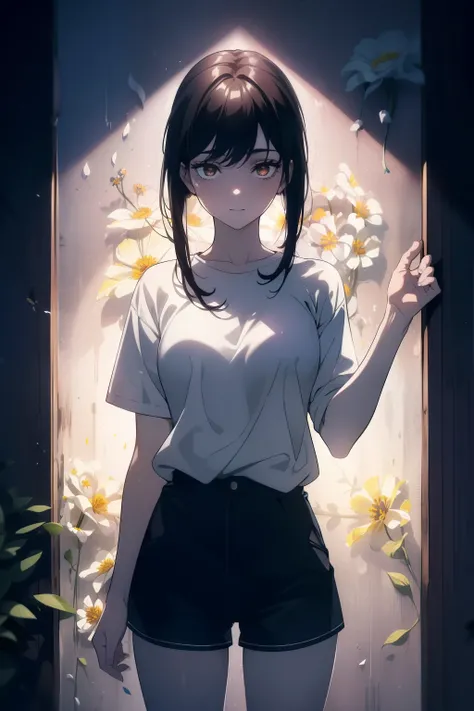 ((((Obra maestra, La mejor calidad, ultrahigh resolution)))), 1girl, standing, (baggy white t-shirt, loose fitting blue shorts), long back hair, long dark black hair, pale skin, ((shining brown eyes)), ((ultra detailed eyes:1, beautiful and detailed face, ...