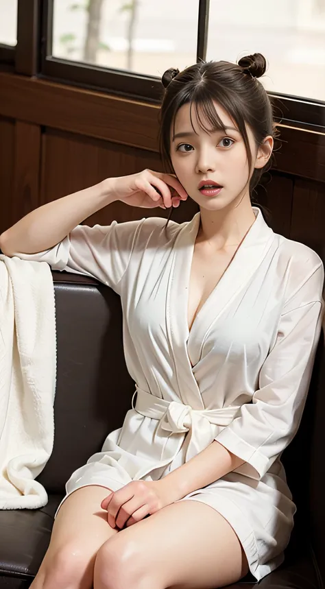 (masutepiece, best quality:1.4), beautiful face, 8k, 85 mm, absurderes, ((dark bedroom in the hotel))、(wearing a thick white bat...