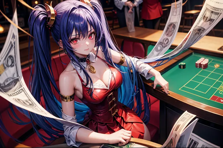 anime style, casino girl, evil demon darkness girl, hanging money on the hands