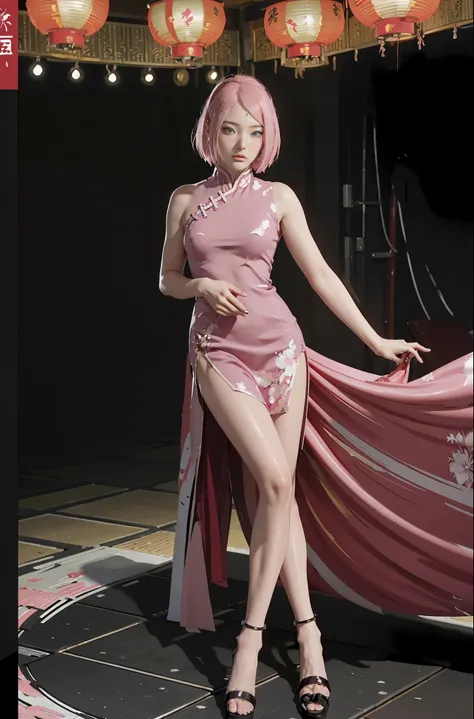 A sexy and seductive lady，High-forked cheongsam，Gorgeous cheongsam，stiletto heels，naked leg，Teasing expressions，sit on throne，streaked pink hair，pink hair，MAKEUP，anime styled，Chinese court，Chinese feeling，lanterns，Chinese knot，Ultra high definition，Masterp...