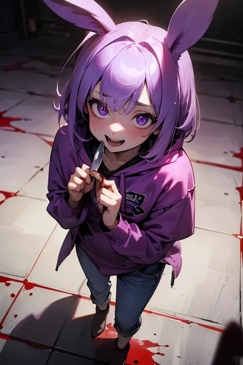 ((Masterpiece)), (High Definition:1.3), (Professional Photography:1.2), 8K, from above, wide shot, Realistic, Textured skin, cinematic lighting,（messy medium bob), (purple color hair), (put on Black rabbit ears), Pretty oversized pink hoodie, bloody, Tatte...