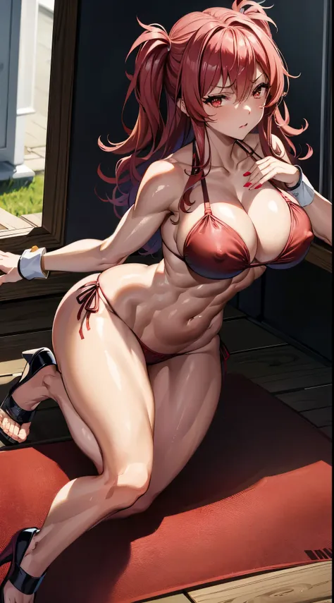 master piece、Superior Quality、1 girl in、(Stella Vermillion)、Ligature bracelet、muscular thighs, muscular belly, wide hips, (very thin waist), large breasts, very hard breasts, Breasts, very hard nipples, (( (holding her breasts))), (on the beach), wearing r...