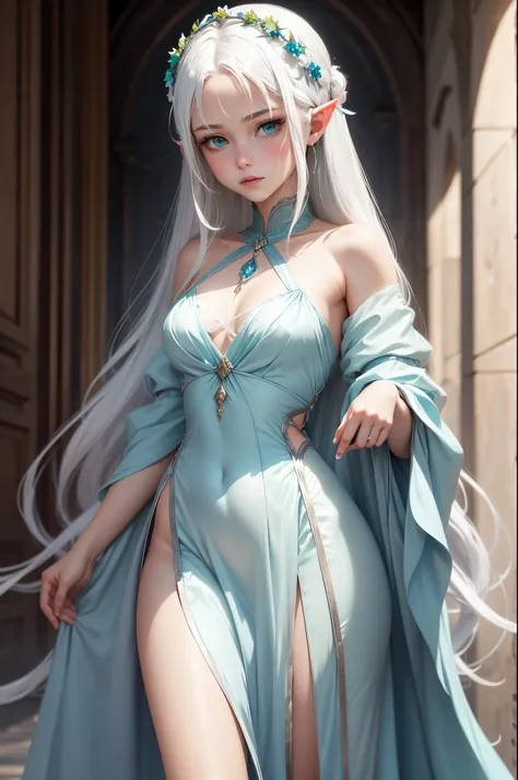 Halbnahe einer jungen Elfe mit langem, straight and silky white hair and blue streaks in her hair, Sparkling green eyes and a shy expression in a silk dress, realistisch、masterpiece quality、best qulaity、Offizielle Kunst、beauty and aesthetics