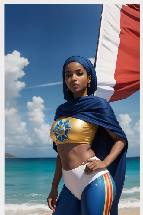 The character is wearing an outrageous costume that celebrates the beauty and pride of Cape Verde. No peito do traje, stands out an impressive representation of the flag of Cape Verde. The flag consists of five horizontal stripes, sendo a faixa central mai...