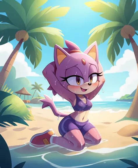 Blaze the cat, pose, on knees, beach, hands behind head, hands up, smile, blushing, cute, bedroom eyes, palm trees, green hill zone, beach, wet, wide hips, solo, sitting, sitting by the water, wet clothes