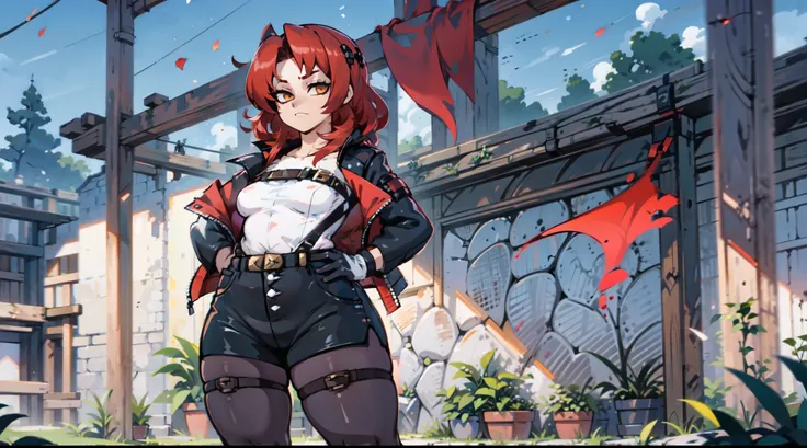 1girl, young woman, solo, short hair, Small  hair, (forehead:1.2), yellow eyes, (scarlet red hair), Athletic, muscular, medium breasts, (cropped jacket, black jacket), white shirt, collared shirt, (chest harness, shoulder strap:1.15), black leather shorts,...