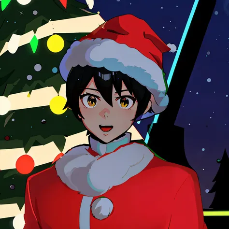 anime character dressed in red and white outfit standing in front of a christmas tree, anime styled 3d, vrchat, lineless, wearing a santa hat, anime style hyper detailed, wearing santa hat, christmas night