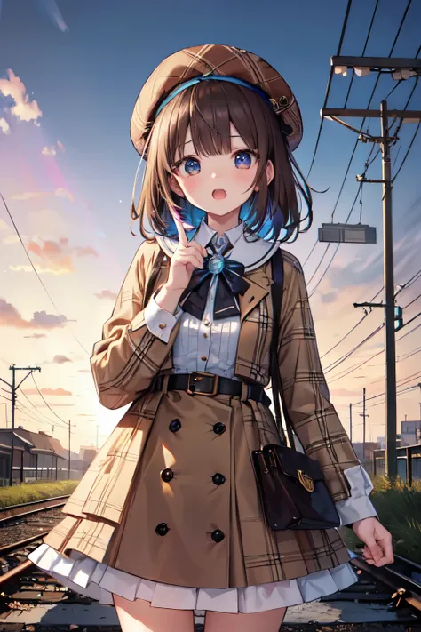 （in 8K, Best Quality, masutepiece:1.2)、超A high resolution, 1 16-year-old female,Detailed fingers,ultra-detailed face,deep detailed eyes,light brown hair,blunt bangs,shining hair,burberry check beret,(petal collar shirt),Burberry check tiered skirt,(iridesc...