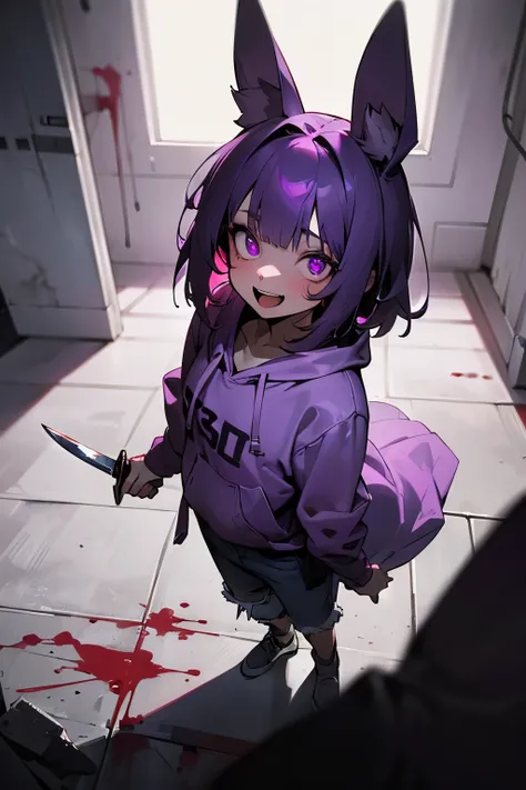 ((Masterpiece)), (High Definition:1.3), (Professional Photography:1.2), 8K, from above, wide shot, Realistic, Textured skin, cinematic lighting,（messy medium bob), (purple color hair), (put on Black rabbit ears), Pretty oversized pink hoodie, bloody, Tatte...