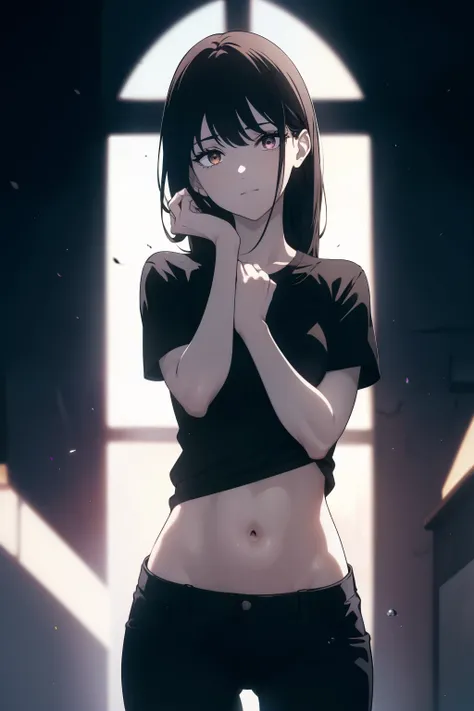 ((((Obra maestra, La mejor calidad, ultrahigh resolution)))), 1girl, happy, standing, black t-shirt, jean shortlack hair, dark black hair over eye:1), long hair cut, pale skin, ((brown eyes)), (glowing_eyes), (ultra detailed eyes:0.7, beautiful and detaile...