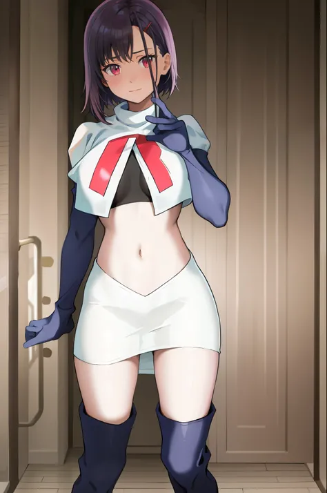 masterpiece, best quality, MShizukaV4, 1girl, solo, hair ornament, navel, medium breasts, standing, hairclip, team rocket, team rocket uniform, red letter R, white skirt, white crop top, black thigh-high boots, black elbow gloves,