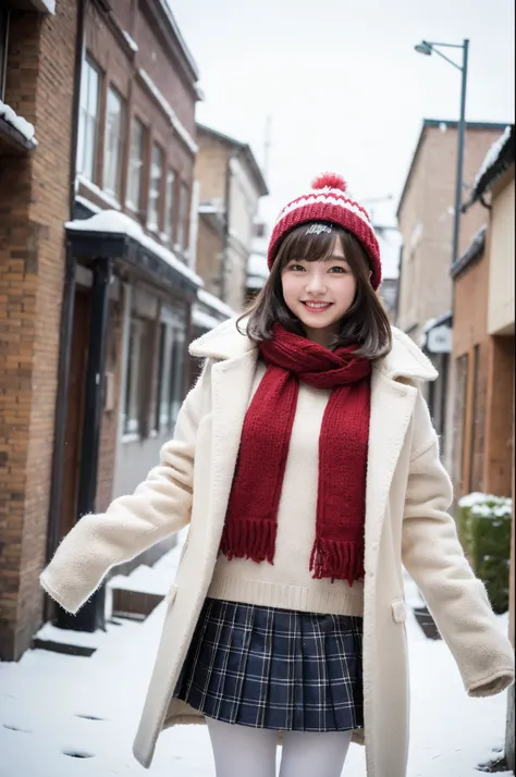 girl in snowy town street,red and white knitted hat,white leggings,long coat,gloves,red and white scarf,plaid pleated skirt,18-year-old,bangs,a little smile,thighs,knees,short cut hair,ponytail,from below