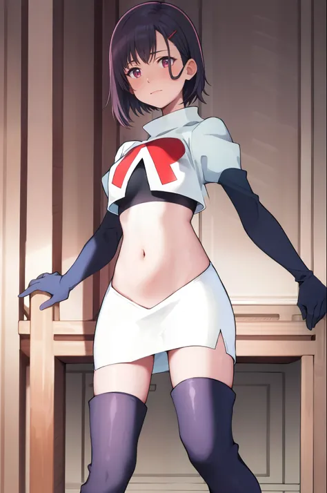 masterpiece, best quality, MShizukaV4, 1girl, solo, hair ornament, navel, medium breasts, standing, hairclip, team rocket, team rocket uniform, red letter R, white skirt, white crop top, black thigh-high boots, black elbow gloves,