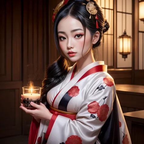 A beautiful geisha, with black hair, with buns in her hair, with beautiful lips, beautiful eyes, silky skin, wearing a beautiful kimono, and holding a small candle, glamorous geisha of purity, hyperrelaistic and cute geisha, sweet photorealistic geisha, di...