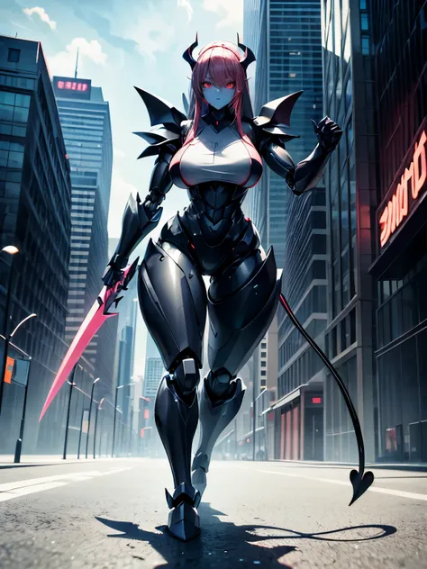 Non humanoid robot, robot girl, long_pink_hair, face mask, full body armor, blue skin, demon, long_tail, chubby_female,red_eyes, spikes, claws, thicc_thighs , city _background