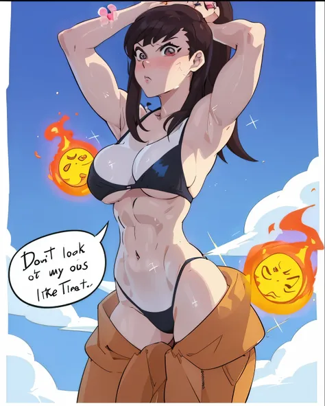 cartoon of a woman in a bikini with a fireball in her hand, chun li at the gym, thicc, overwatch tracer in a bikini, female protagonist 👀 :8, saiyan girl, most strongest pose, high quality fanart, female goku, tifa lockhart, attractive anime girl, in an an...