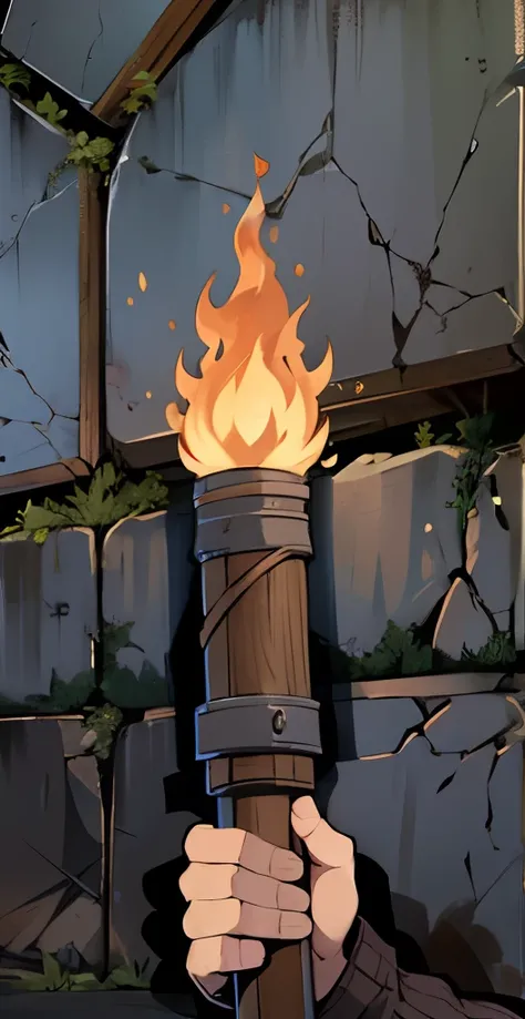 there is a drawing of a person holding a lit torch, torch - lit, torch, stone wall in the background, holding a torch in the right hand, wooden torch