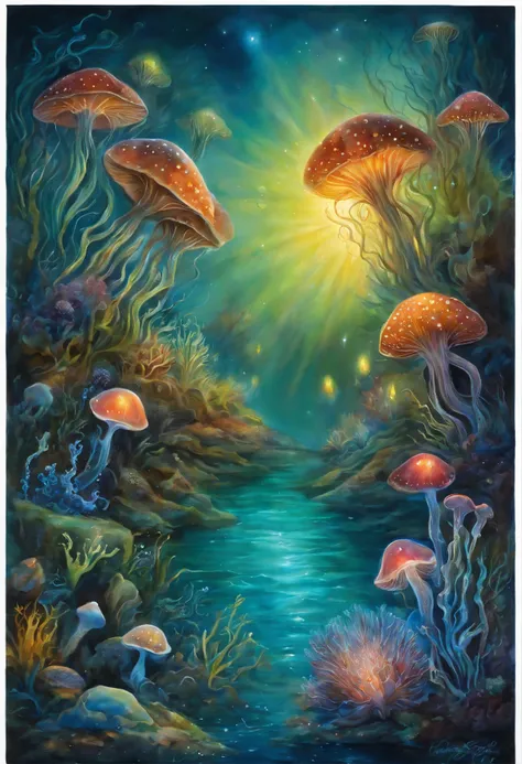 Bioluminescence, underwater, vibrant colors, luminescent creatures, glowing plants, deep-sea creatures, shimmering light, enchanting glow, phosphorescent, magical ambiance, dark abyss, ethereal surrealism, underwater ecosystem, bioluminescent plankton, glo...