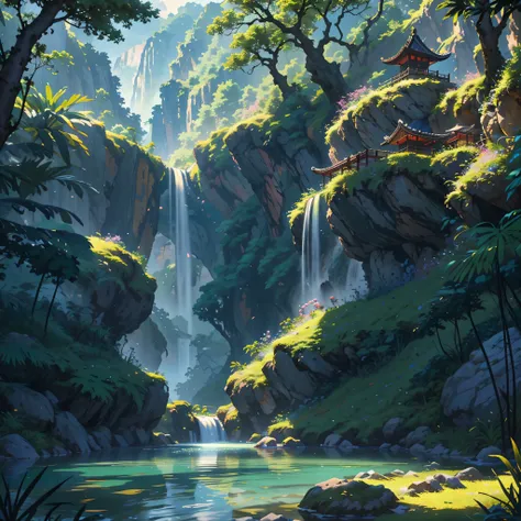 chinese ancient times, spring, jungle, lake, cave, waterfall, tree, meadow, rock, deer, hot spring, water vapor, (illustration: ...