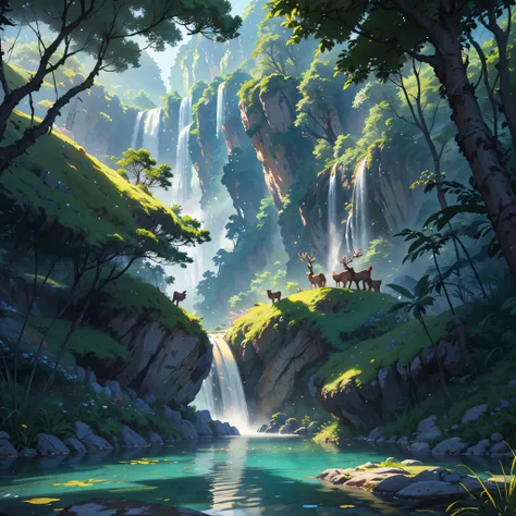 chinese ancient times, spring, jungle, lake, cave, waterfall, tree, meadow, rock, deer, hot spring, water vapor, (illustration: ...