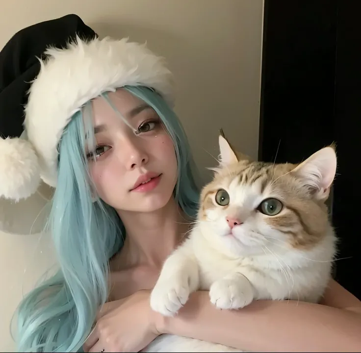 There is a woman with blue hair holding a cat in a Santa hat, muy hermosa linda catgirl, Atractiva chica gato, very beautiful gato anime girl, gato anime, beautiful gato animegirl, Chica anime con orejas de gato, anime , realistic gato anime, Chica de anim...